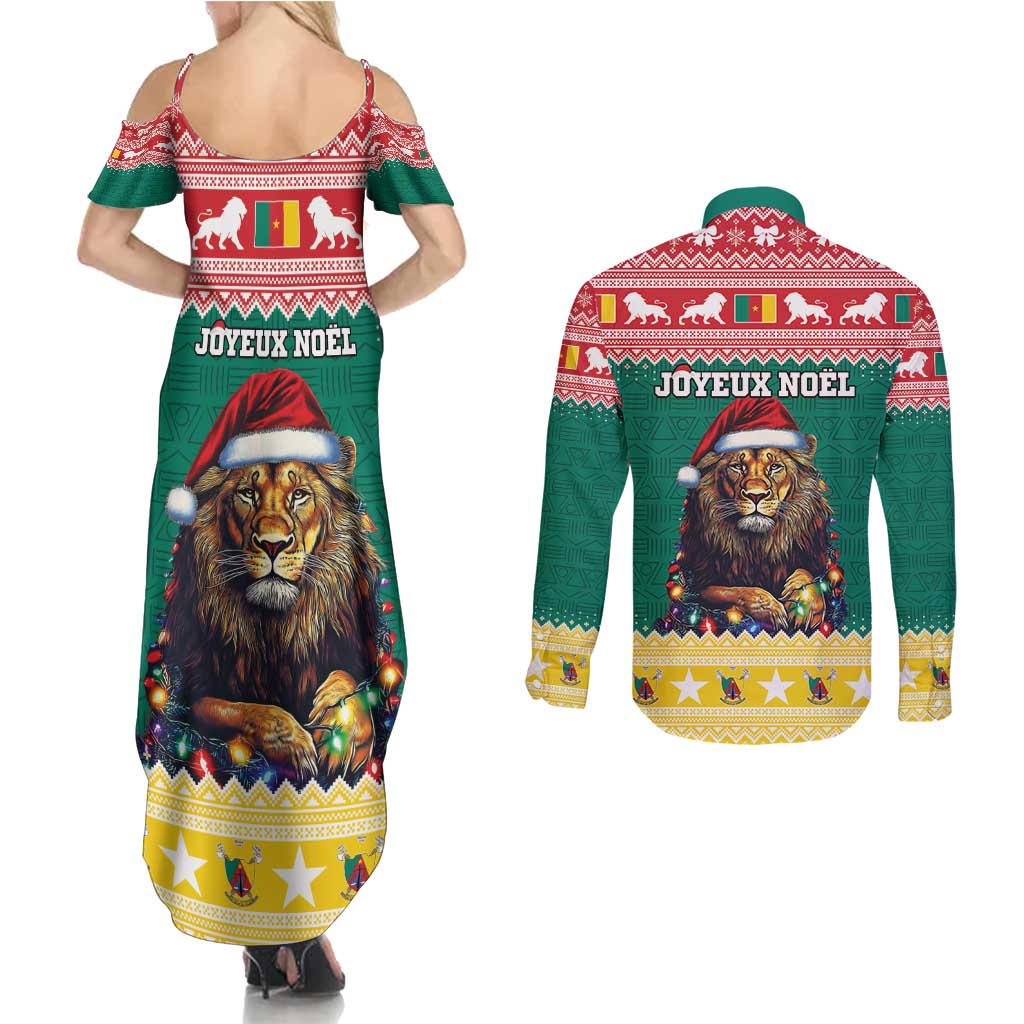 Cameroon Christmas Couples Matching Summer Maxi Dress and Long Sleeve Button Shirt Lion Santa Joyeux Noel - Wonder Print Shop