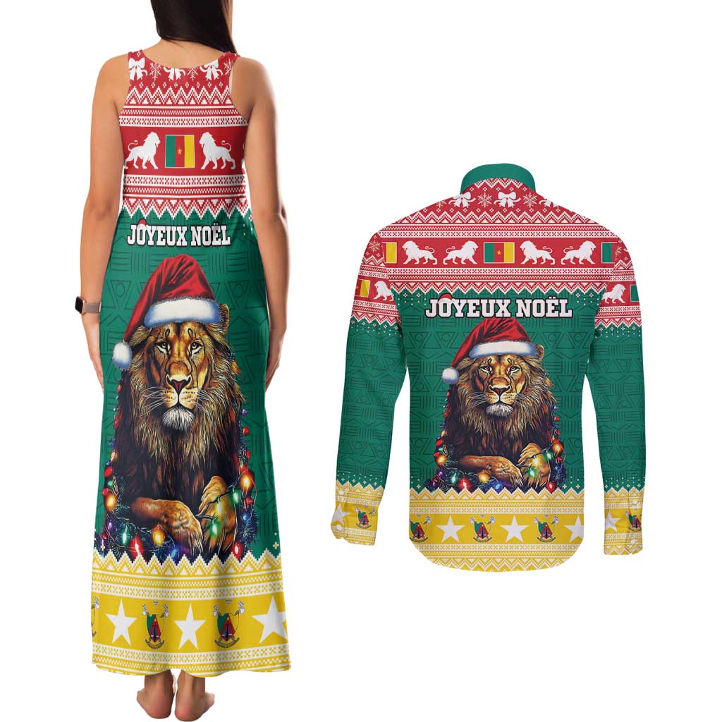 Cameroon Christmas Couples Matching Tank Maxi Dress and Long Sleeve Button Shirt Lion Santa Joyeux Noel - Wonder Print Shop
