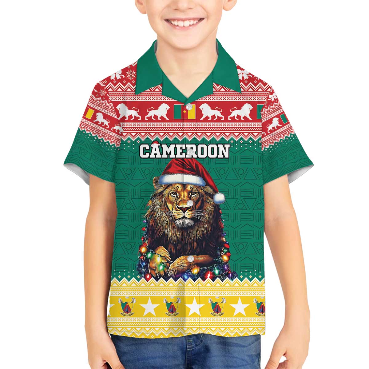 Cameroon Christmas Family Matching Off The Shoulder Long Sleeve Dress and Hawaiian Shirt Lion Santa Joyeux Noel - Wonder Print Shop