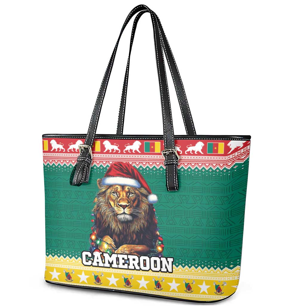 Cameroon Christmas Leather Tote Bag Lion Santa Joyeux Noel - Wonder Print Shop