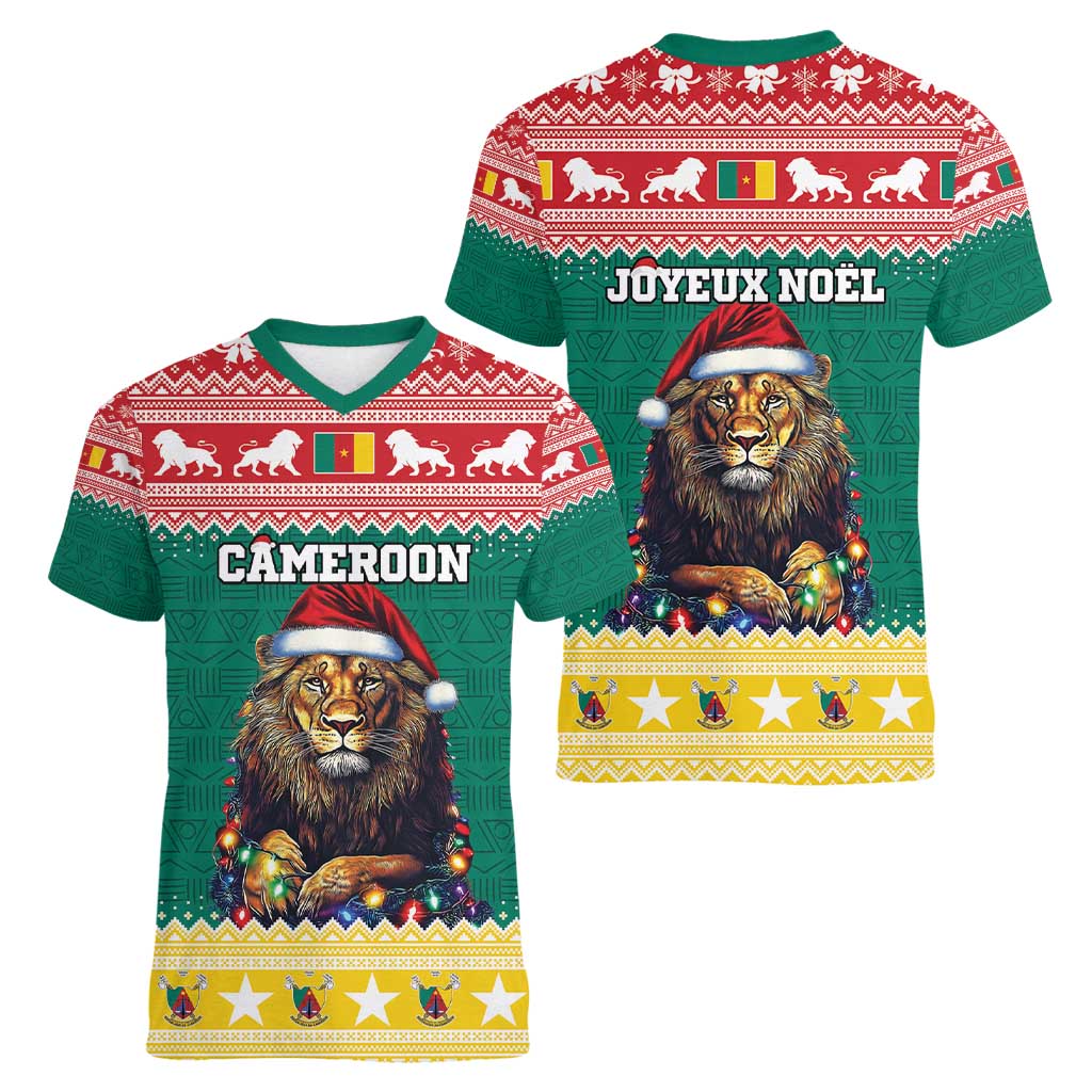 Cameroon Christmas Women V-Neck T-Shirt Lion Santa Joyeux Noel - Wonder Print Shop
