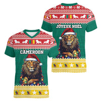 Cameroon Christmas Women V-Neck T-Shirt Lion Santa Joyeux Noel - Wonder Print Shop