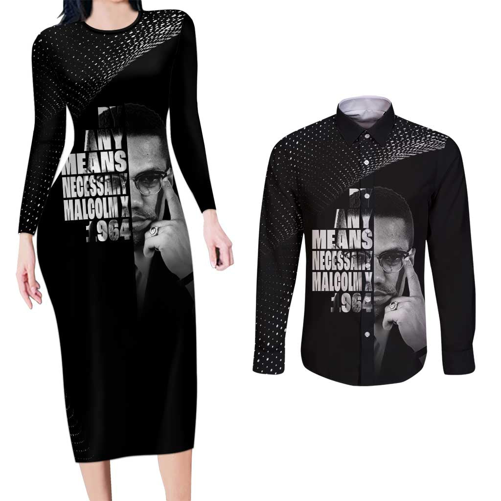 Malcolm X El-Hajj Malik El-Shabazz Couples Matching Long Sleeve Bodycon Dress and Long Sleeve Button Shirt By Any Means Necessary - Wonder Print Shop