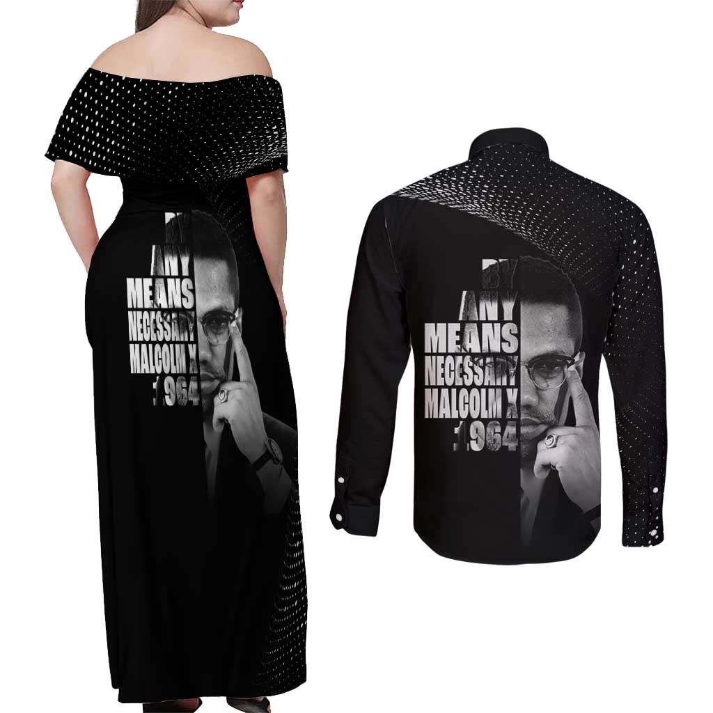 Malcolm X El-Hajj Malik El-Shabazz Couples Matching Off Shoulder Maxi Dress and Long Sleeve Button Shirt By Any Means Necessary - Wonder Print Shop