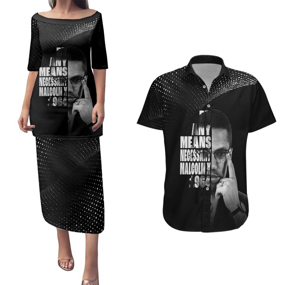 Malcolm X El-Hajj Malik El-Shabazz Couples Matching Puletasi and Hawaiian Shirt By Any Means Necessary - Wonder Print Shop