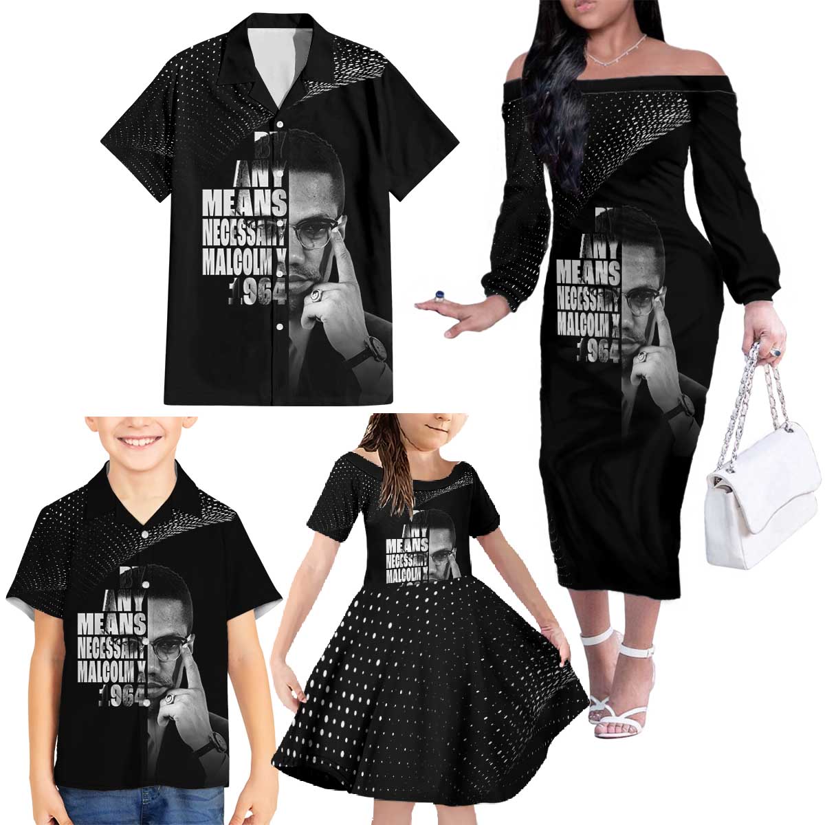 Malcolm X El-Hajj Malik El-Shabazz Family Matching Off The Shoulder Long Sleeve Dress and Hawaiian Shirt By Any Means Necessary - Wonder Print Shop