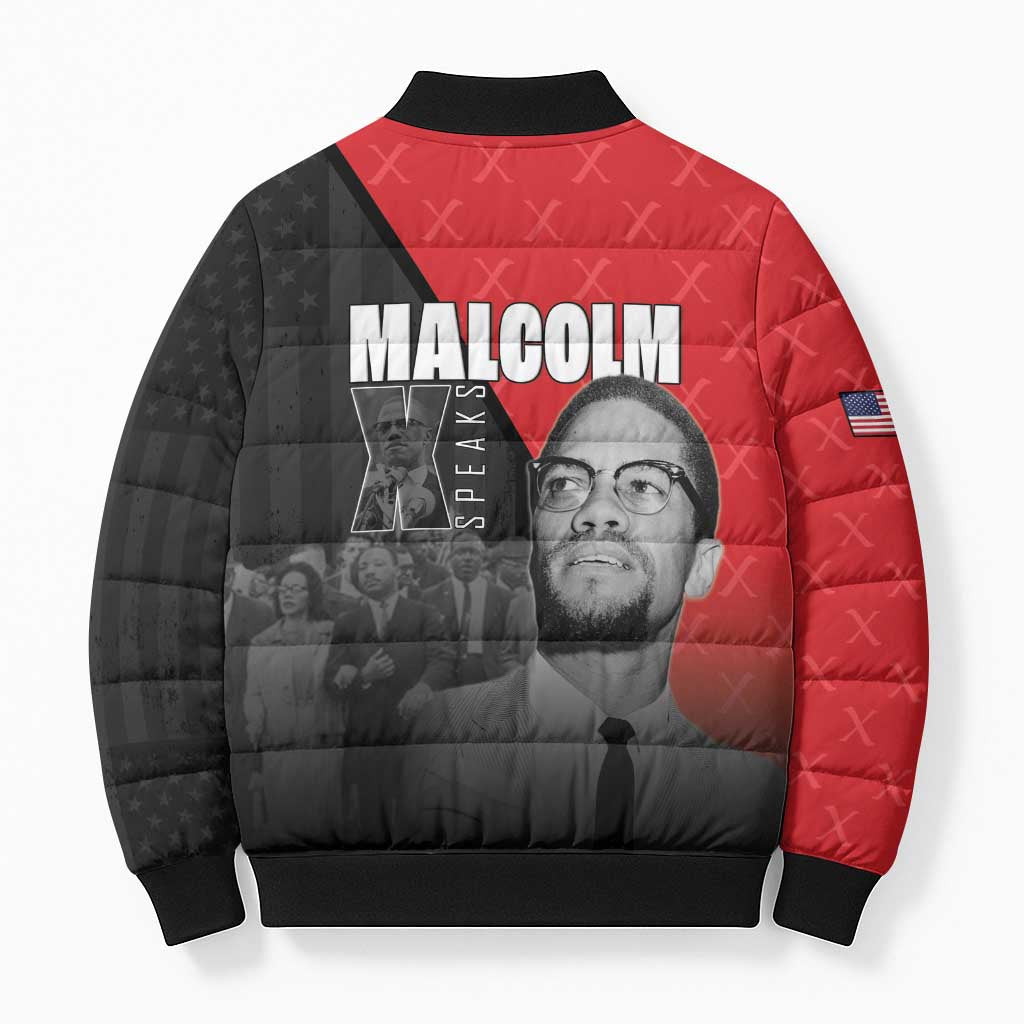 African America Heroes Bomber Puffer Jacket Malcolm X Speaks - Wonder Print Shop