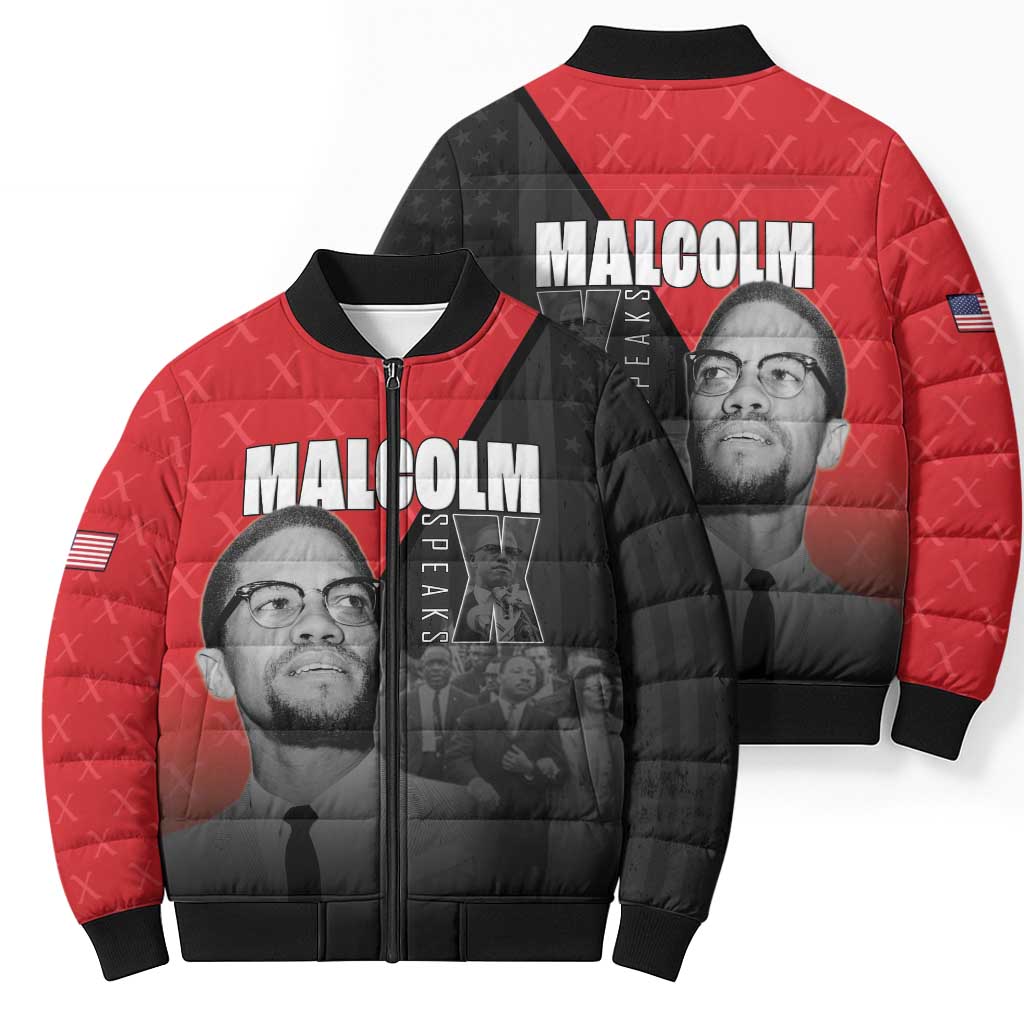 African America Heroes Bomber Puffer Jacket Malcolm X Speaks - Wonder Print Shop