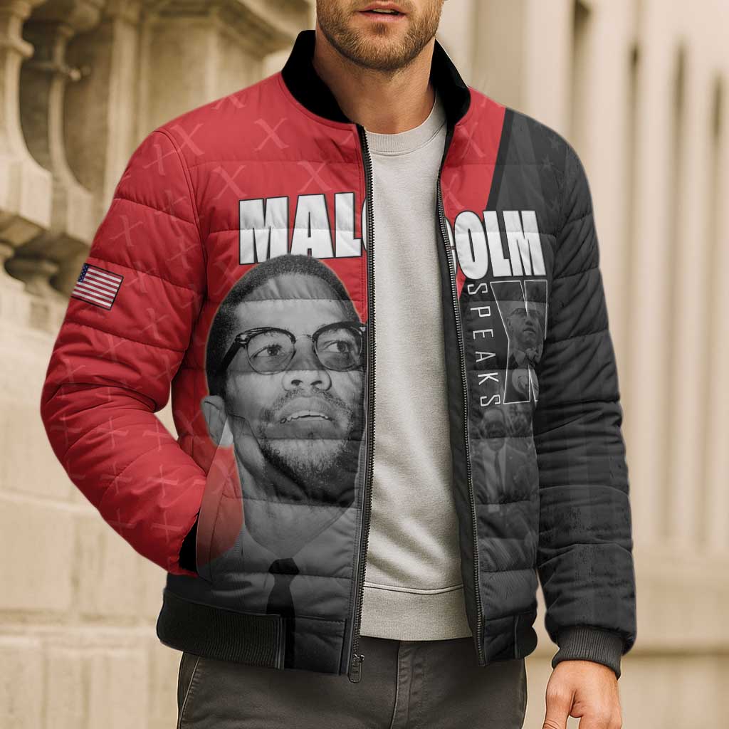 African America Heroes Bomber Puffer Jacket Malcolm X Speaks - Wonder Print Shop