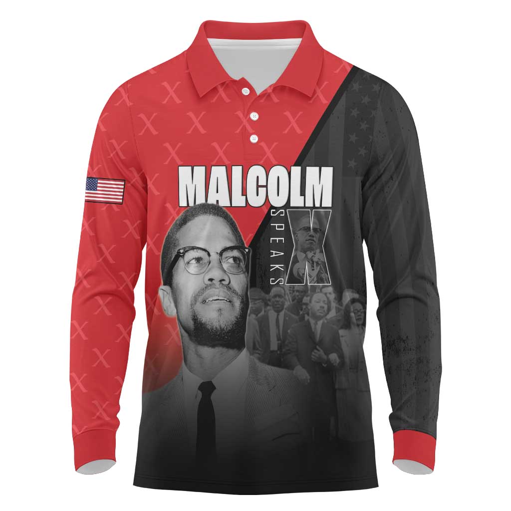 African America Heroes Long Sleeve Polo Shirt Malcolm X Speaks - Wonder Print Shop