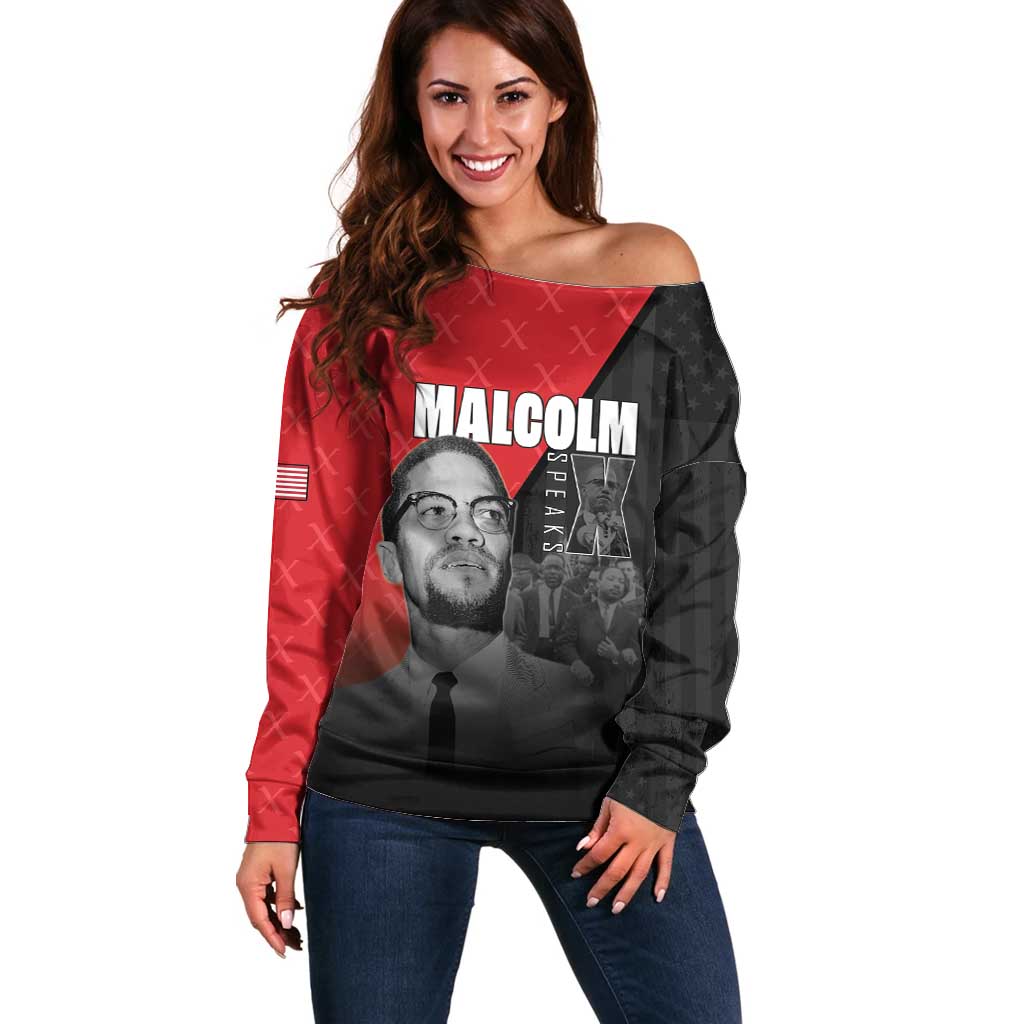 African America Heroes Off Shoulder Sweater Malcolm X Speaks - Wonder Print Shop