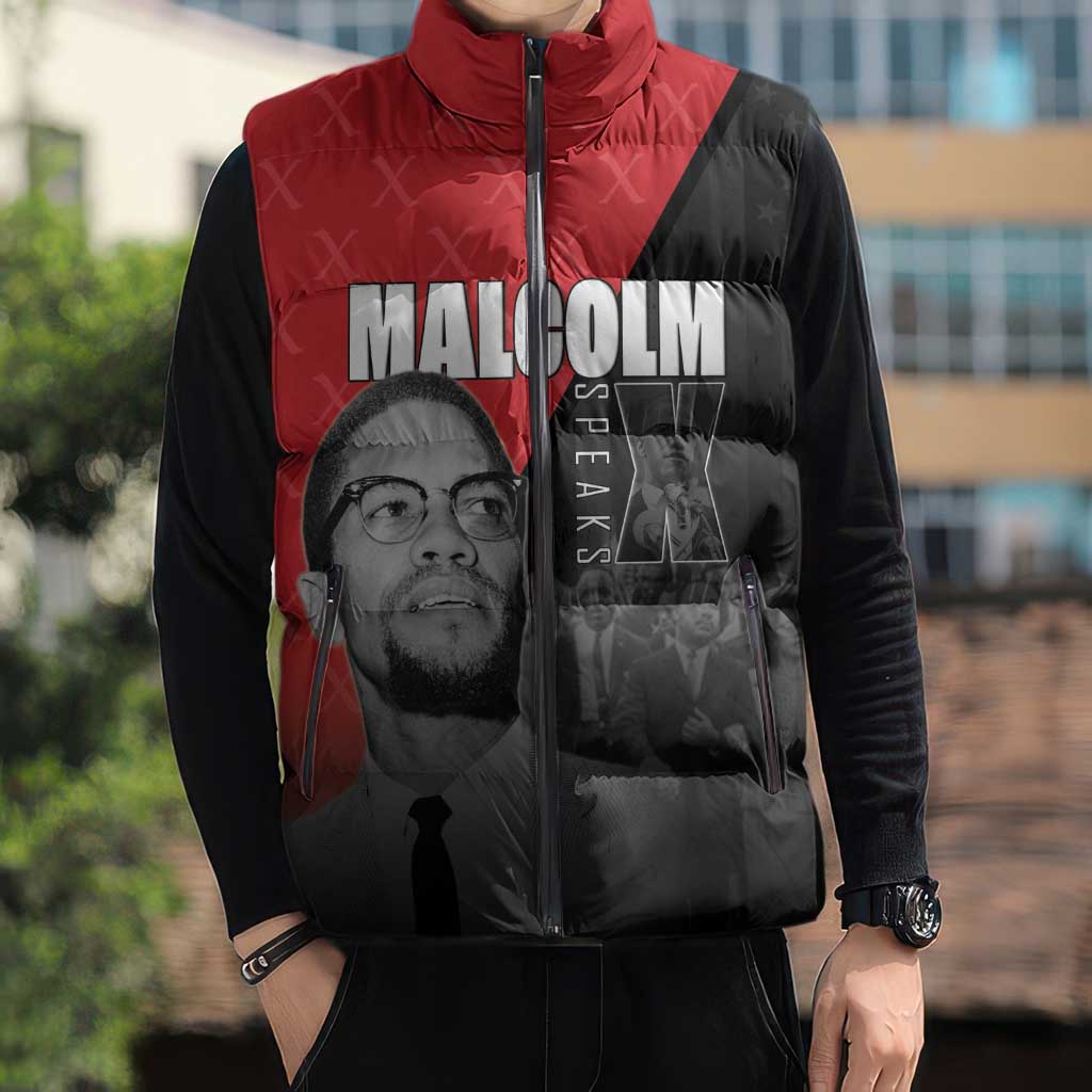 African America Heroes Sleeveless Puffer Jacket Malcolm X Speaks - Wonder Print Shop