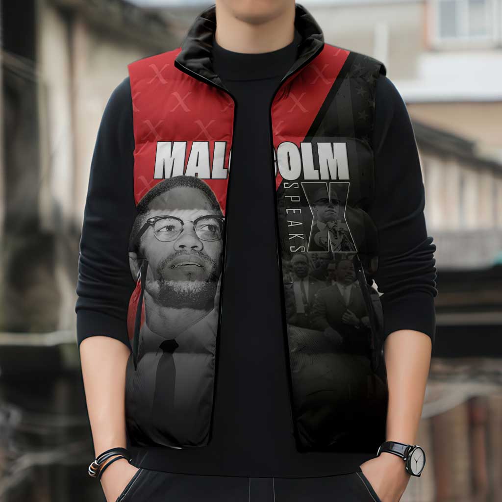 African America Heroes Sleeveless Puffer Jacket Malcolm X Speaks - Wonder Print Shop
