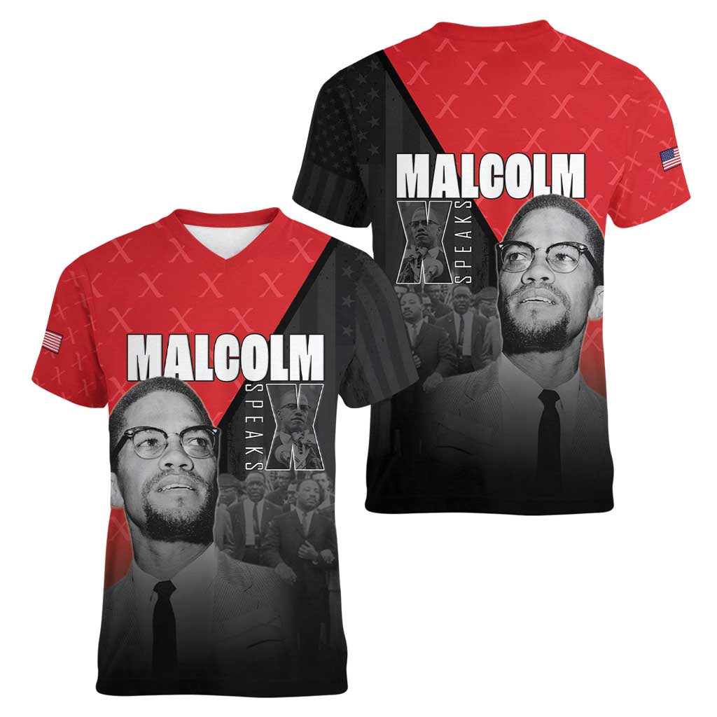 African America Heroes Women V-Neck T-Shirt Malcolm X Speaks - Wonder Print Shop
