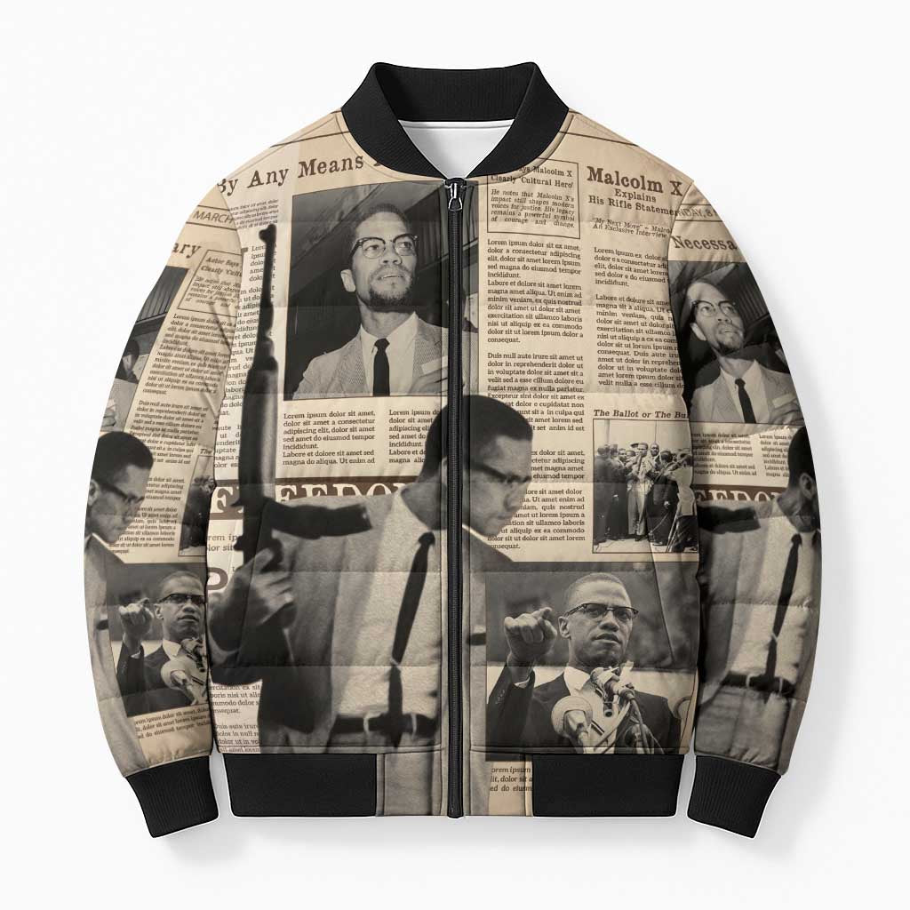 Malcolm X Bomber Puffer Jacket Vintage Newspaper Print Style - Wonder Print Shop