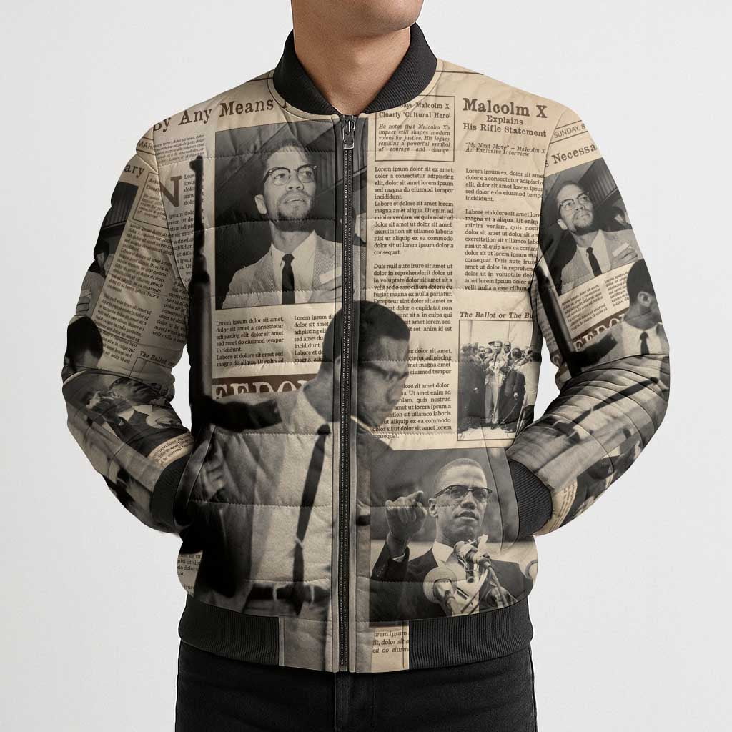 Malcolm X Bomber Puffer Jacket Vintage Newspaper Print Style - Wonder Print Shop