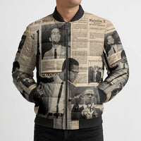Malcolm X Bomber Puffer Jacket Vintage Newspaper Print Style - Wonder Print Shop
