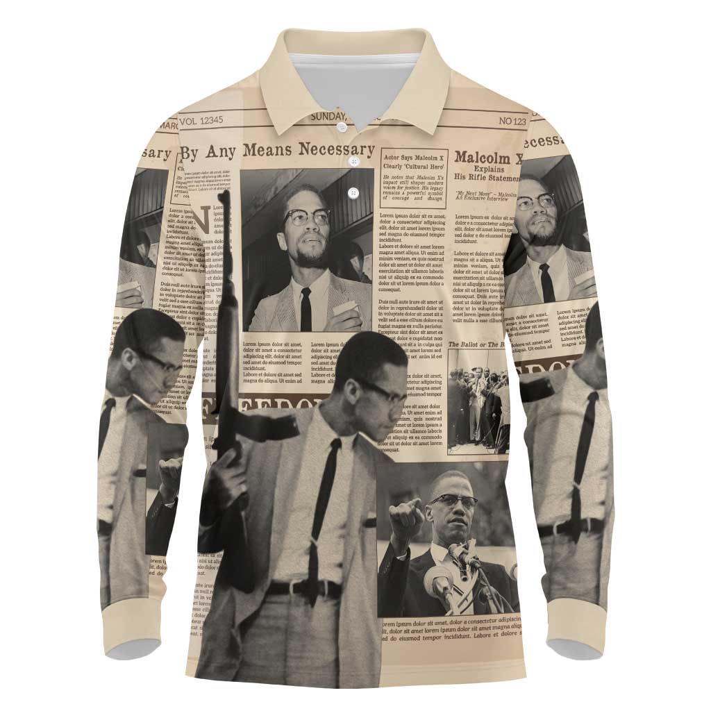 Malcolm X Long Sleeve Polo Shirt Vintage Newspaper Print Style - Wonder Print Shop