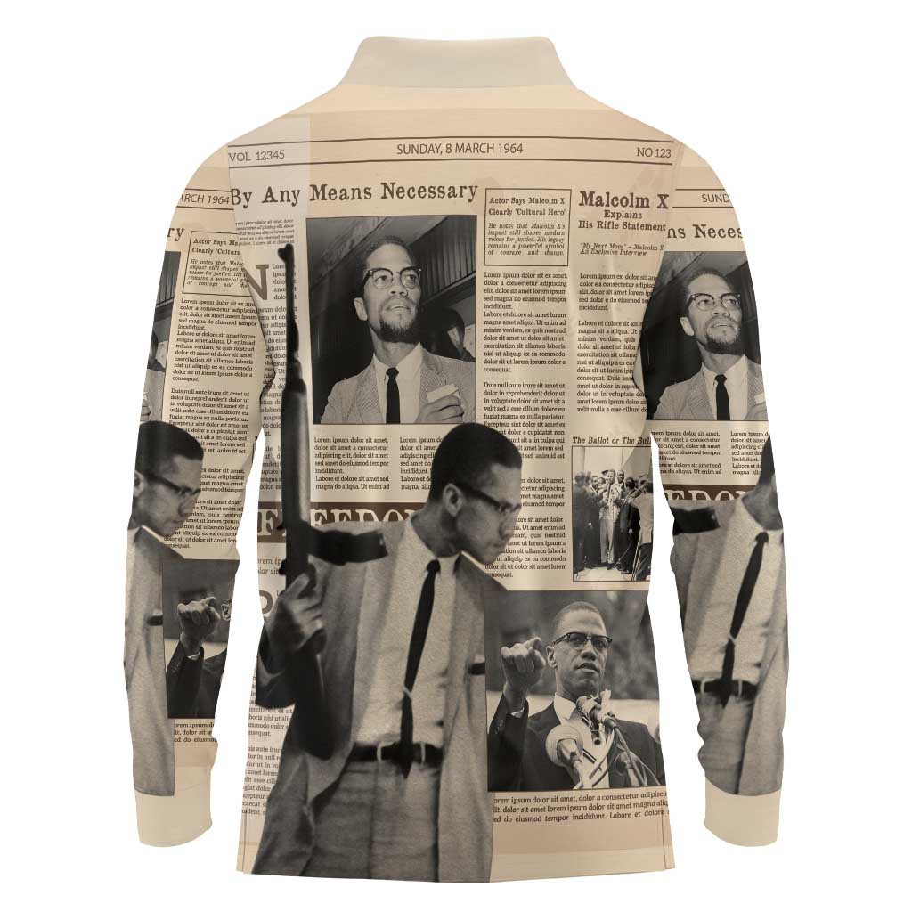 Malcolm X Long Sleeve Polo Shirt Vintage Newspaper Print Style - Wonder Print Shop
