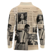 Malcolm X Long Sleeve Polo Shirt Vintage Newspaper Print Style - Wonder Print Shop