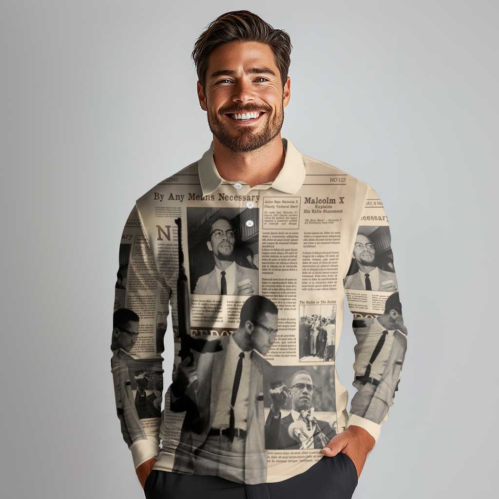 Malcolm X Long Sleeve Polo Shirt Vintage Newspaper Print Style - Wonder Print Shop
