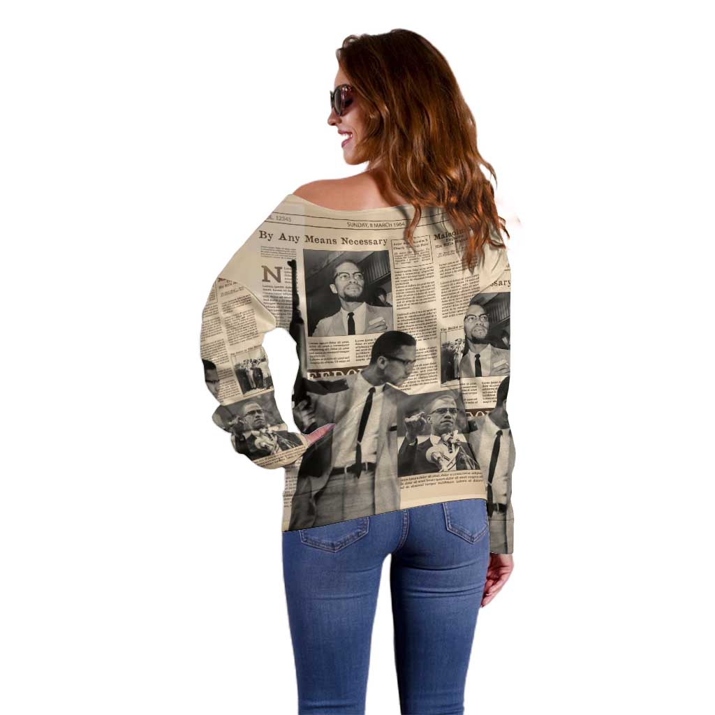 Malcolm X Off Shoulder Sweater Vintage Newspaper Print Style - Wonder Print Shop