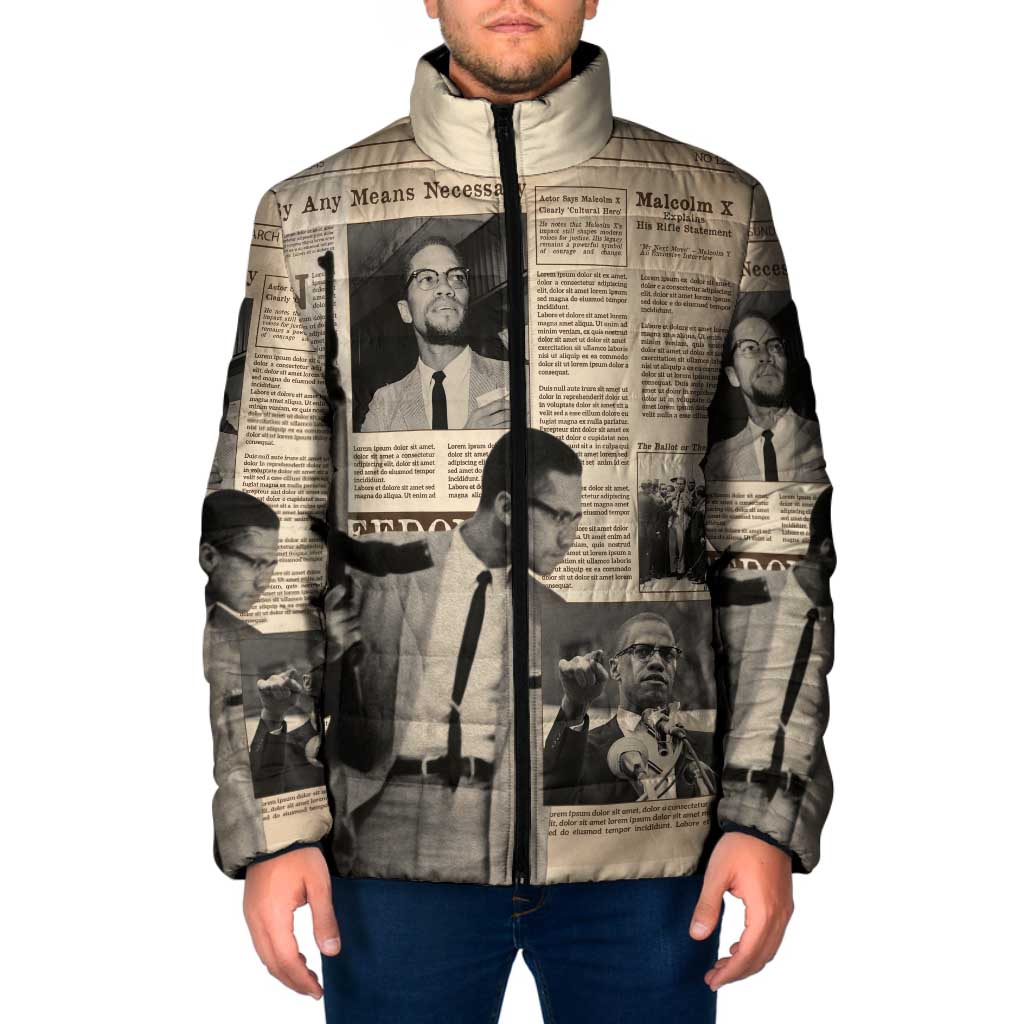 Malcolm X Padded Jacket Vintage Newspaper Print Style - Wonder Print Shop