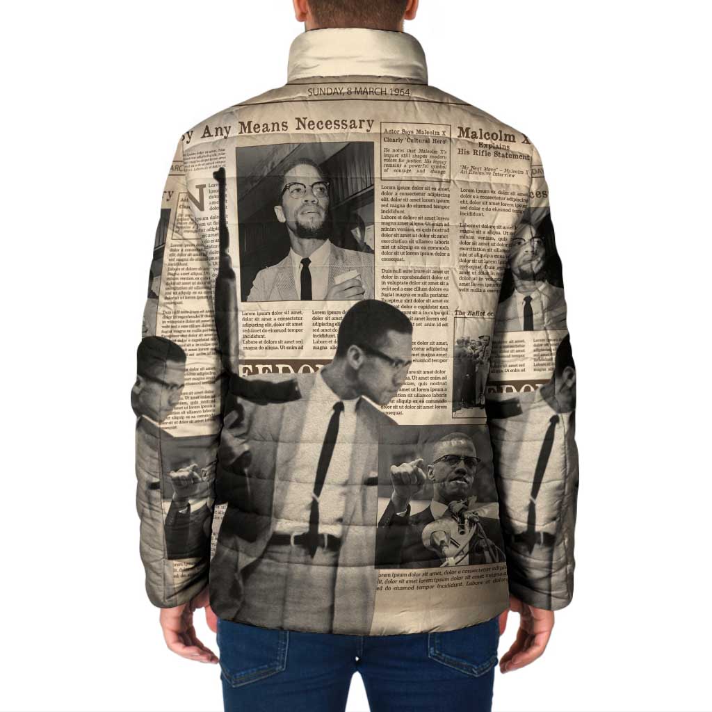 Malcolm X Padded Jacket Vintage Newspaper Print Style - Wonder Print Shop