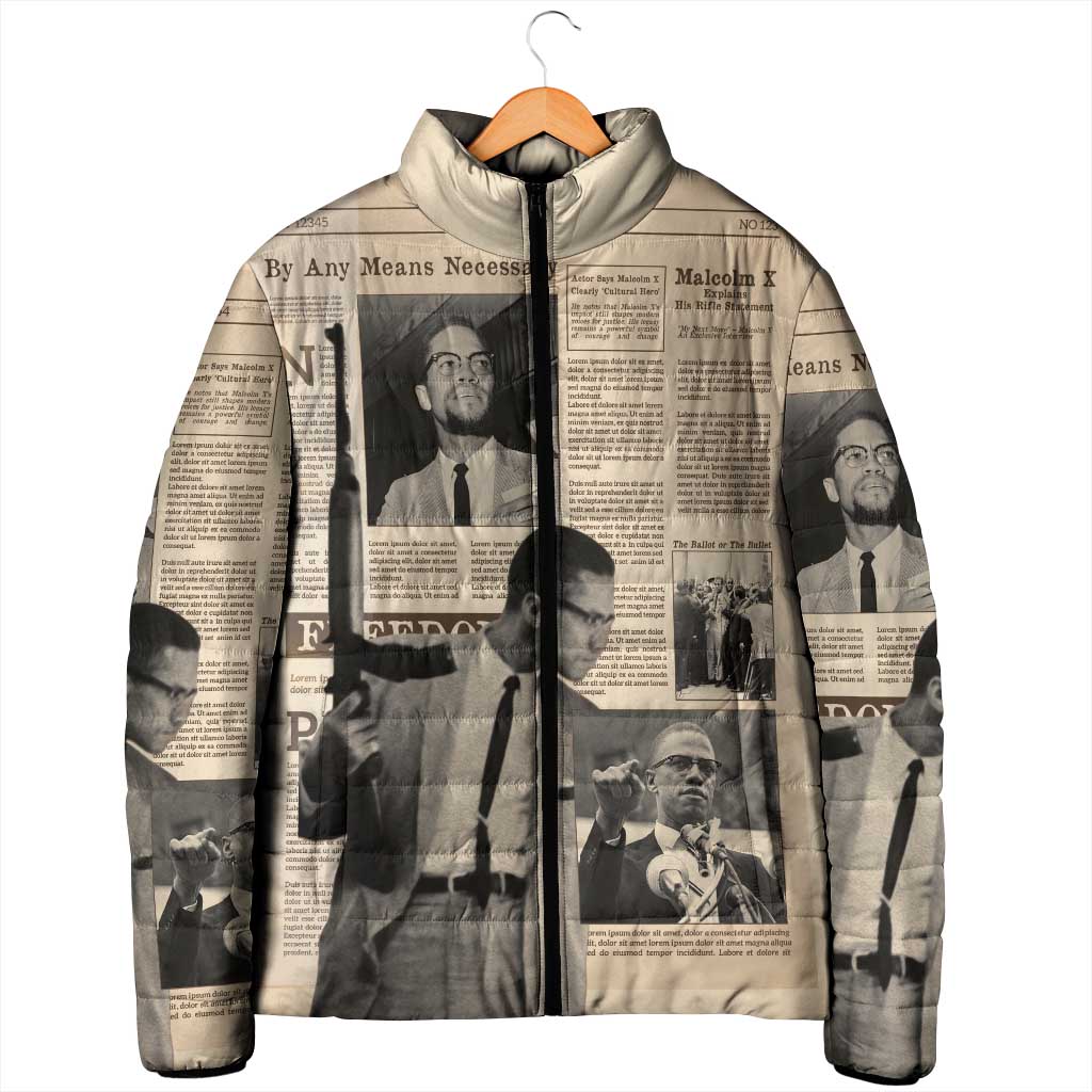 Malcolm X Padded Jacket Vintage Newspaper Print Style - Wonder Print Shop