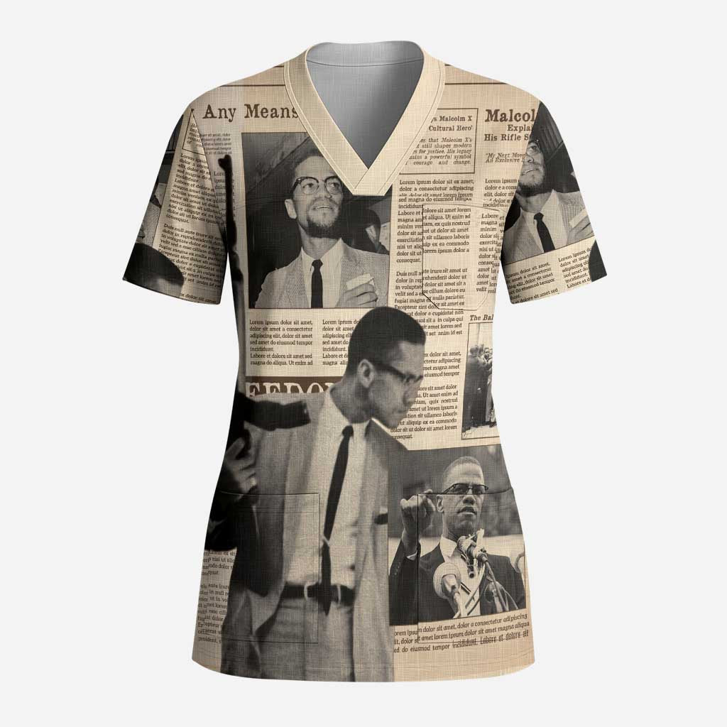Malcolm X Scrub Top Vintage Newspaper Print Style - Wonder Print Shop