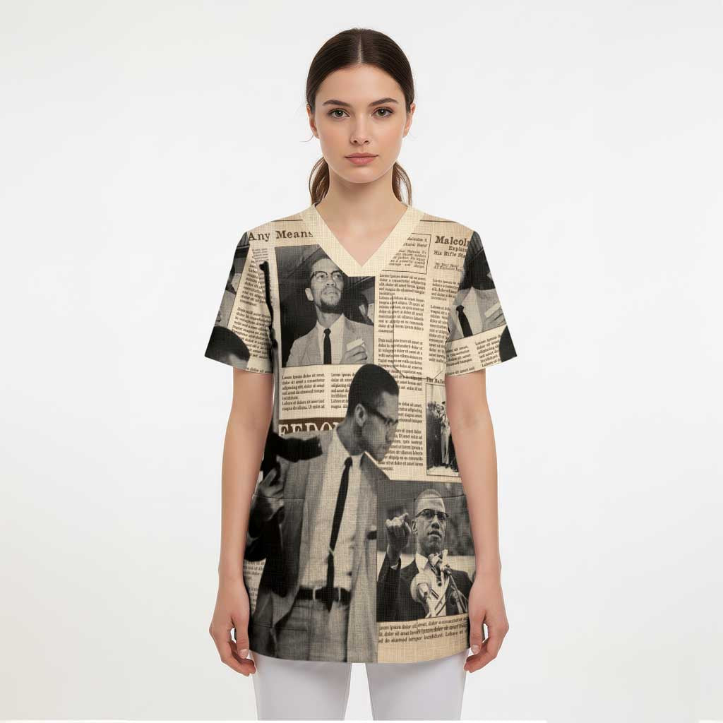 Malcolm X Scrub Top Vintage Newspaper Print Style - Wonder Print Shop