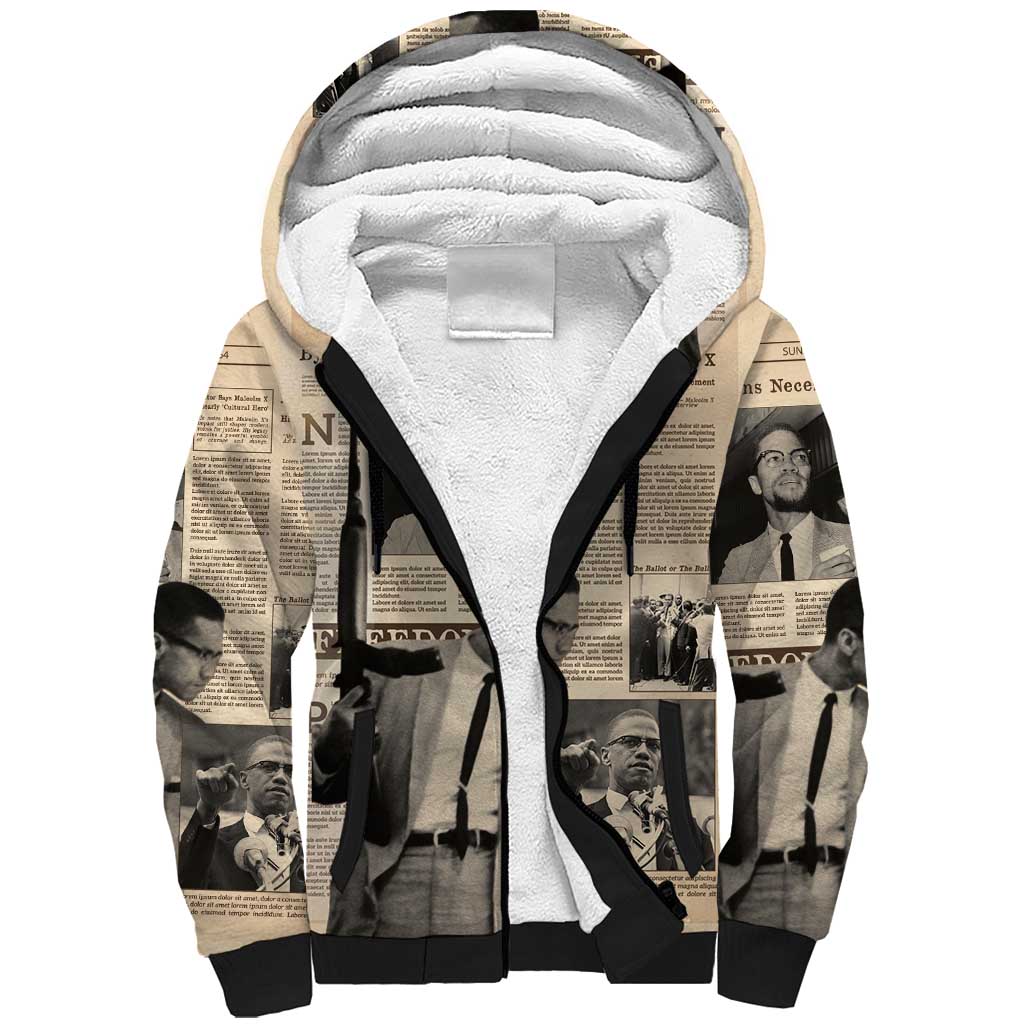 Malcolm X Sherpa Hoodie Vintage Newspaper Print Style - Wonder Print Shop