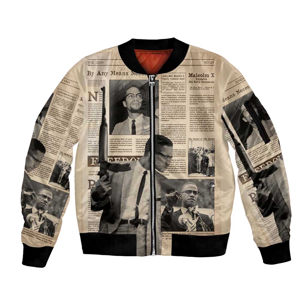 Malcolm X Sleeve Zip Bomber Jacket Vintage Newspaper Print Style - Wonder Print Shop