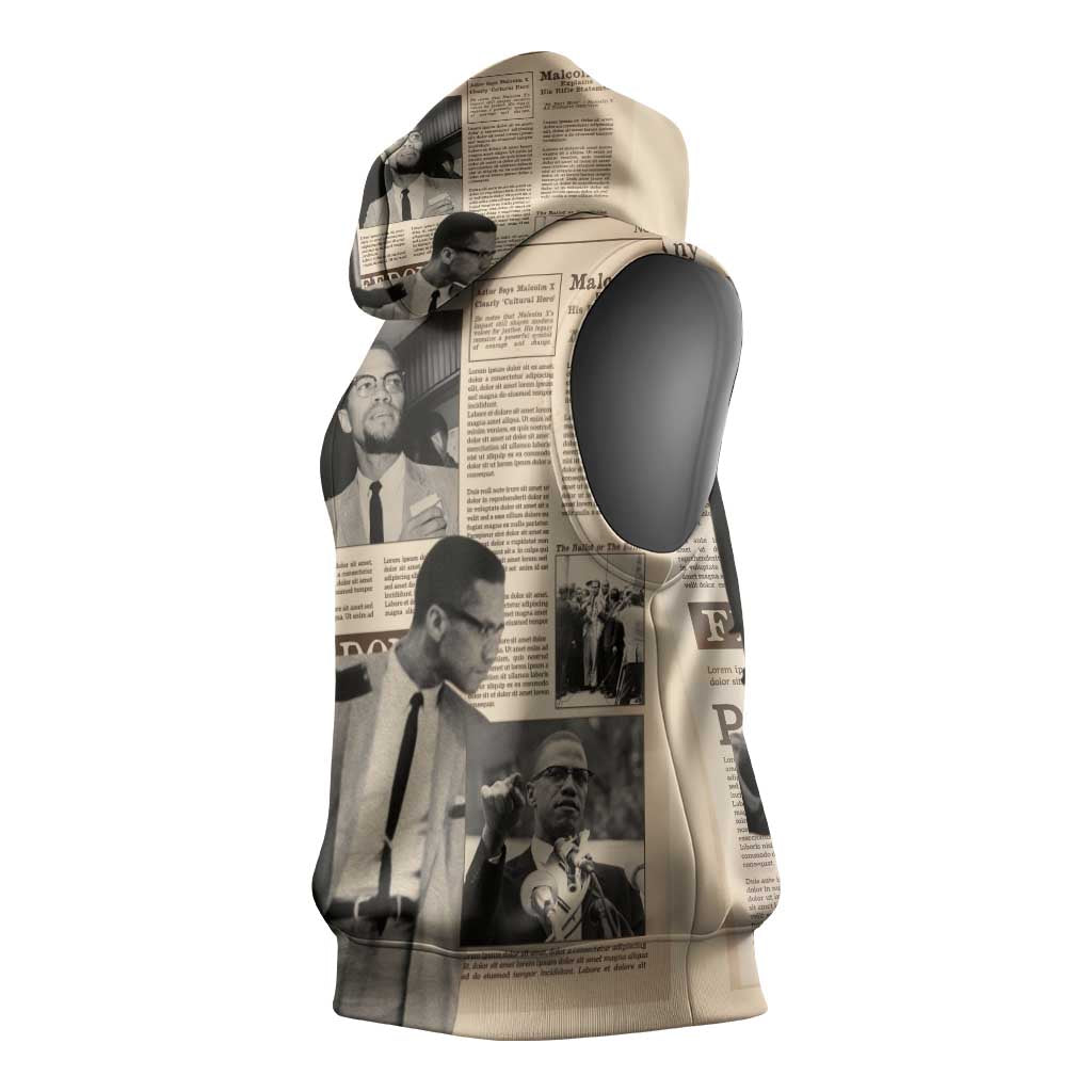 Malcolm X Sleeveless Hoodie Vintage Newspaper Print Style - Wonder Print Shop
