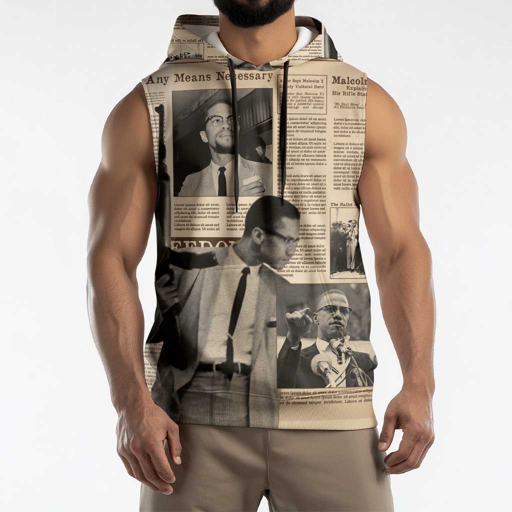 Malcolm X Sleeveless Hoodie Vintage Newspaper Print Style - Wonder Print Shop