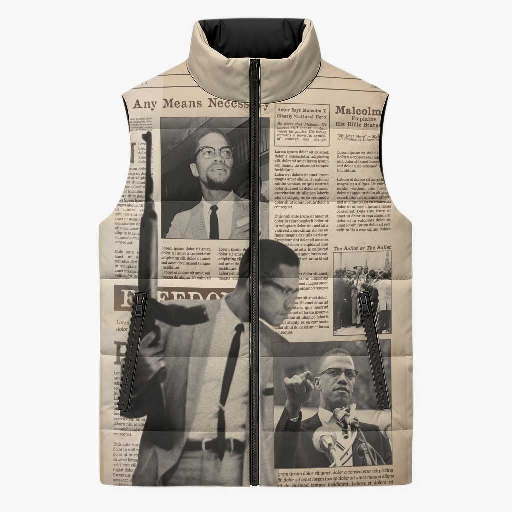 Malcolm X Sleeveless Puffer Jacket Vintage Newspaper Print Style - Wonder Print Shop