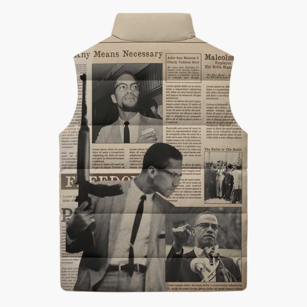 Malcolm X Sleeveless Puffer Jacket Vintage Newspaper Print Style - Wonder Print Shop