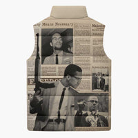 Malcolm X Sleeveless Puffer Jacket Vintage Newspaper Print Style - Wonder Print Shop