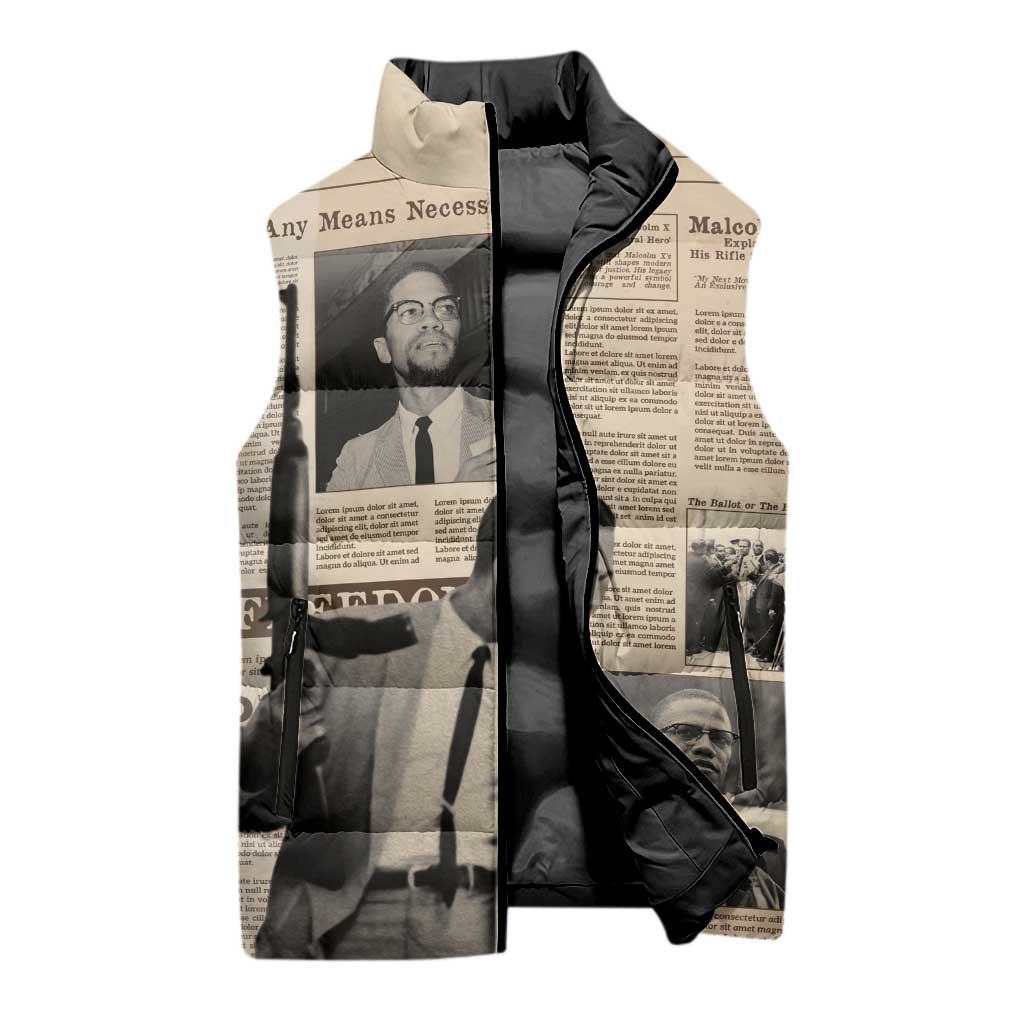 Malcolm X Sleeveless Puffer Jacket Vintage Newspaper Print Style - Wonder Print Shop