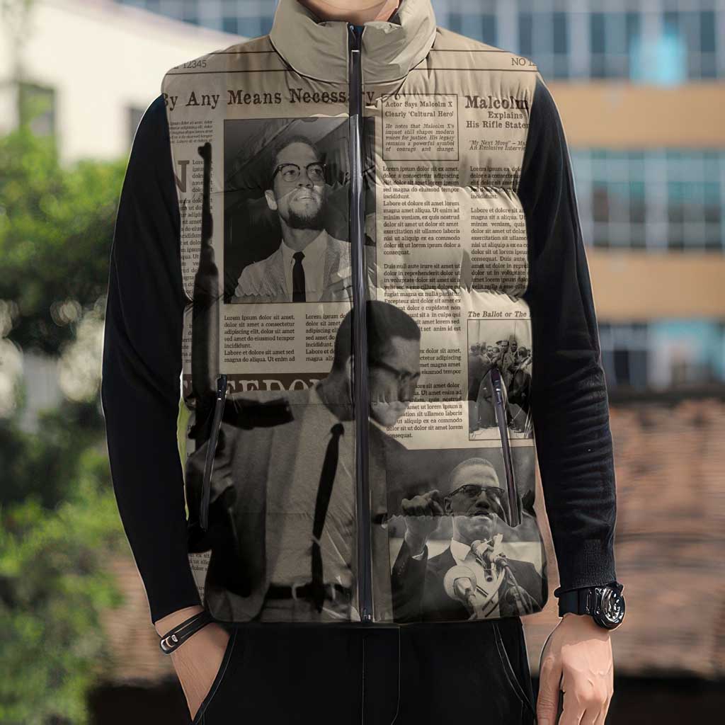 Malcolm X Sleeveless Puffer Jacket Vintage Newspaper Print Style - Wonder Print Shop