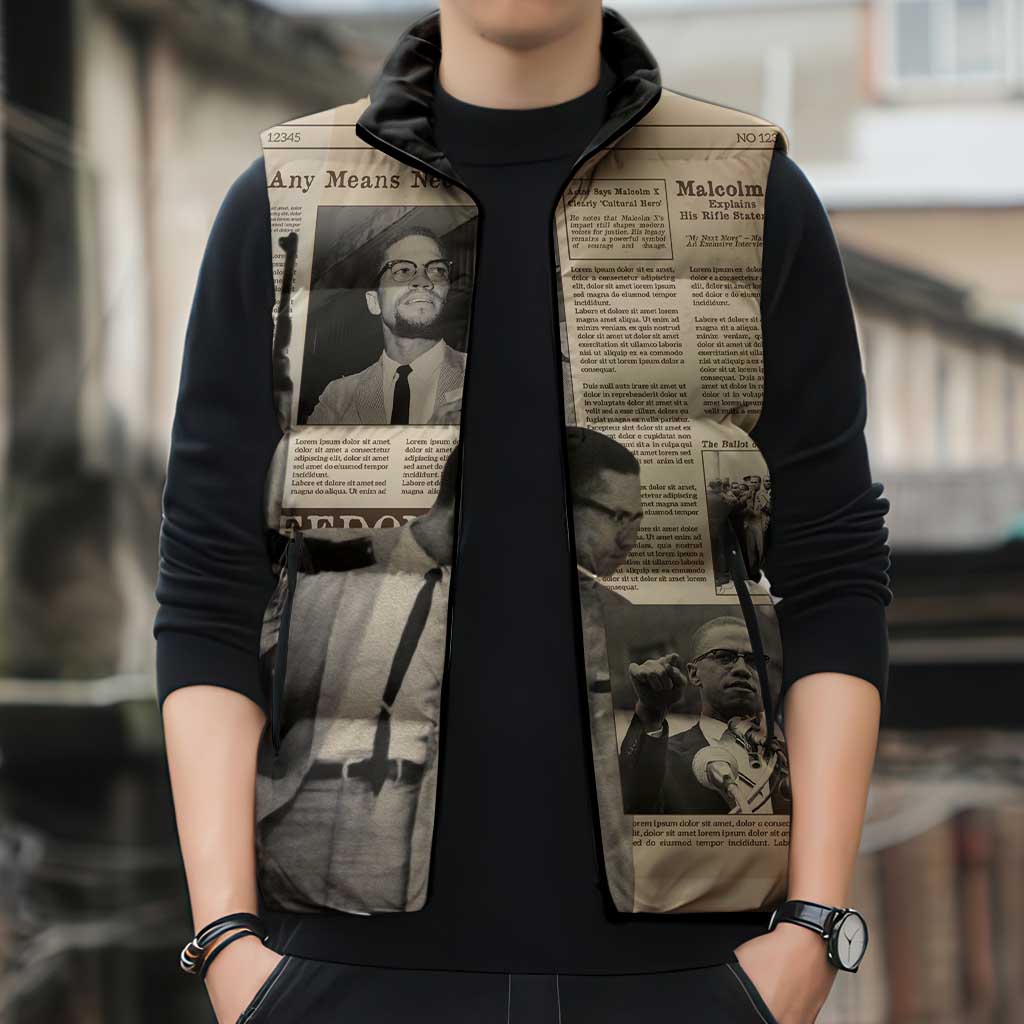 Malcolm X Sleeveless Puffer Jacket Vintage Newspaper Print Style - Wonder Print Shop