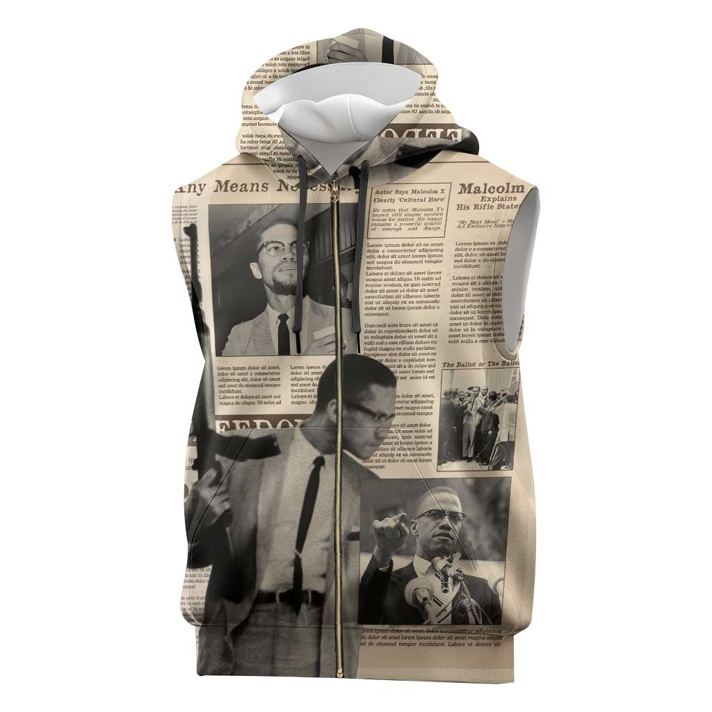Malcolm X Sleeveless Zip Hoodie Vintage Newspaper Print Style - Wonder Print Shop