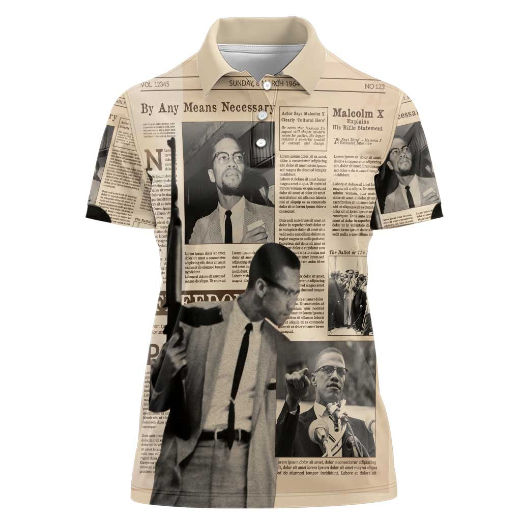 Malcolm X Women Polo Shirt Vintage Newspaper Print Style - Wonder Print Shop