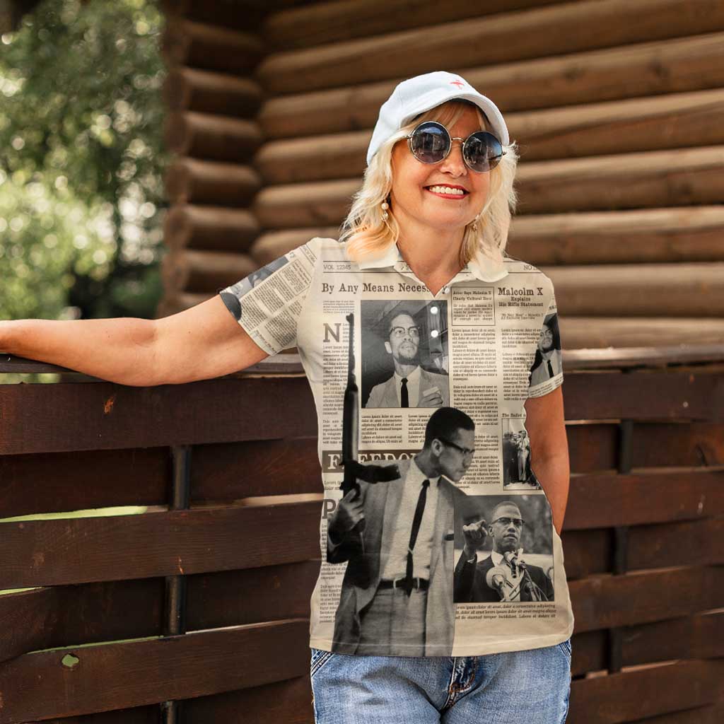 Malcolm X Women Polo Shirt Vintage Newspaper Print Style - Wonder Print Shop