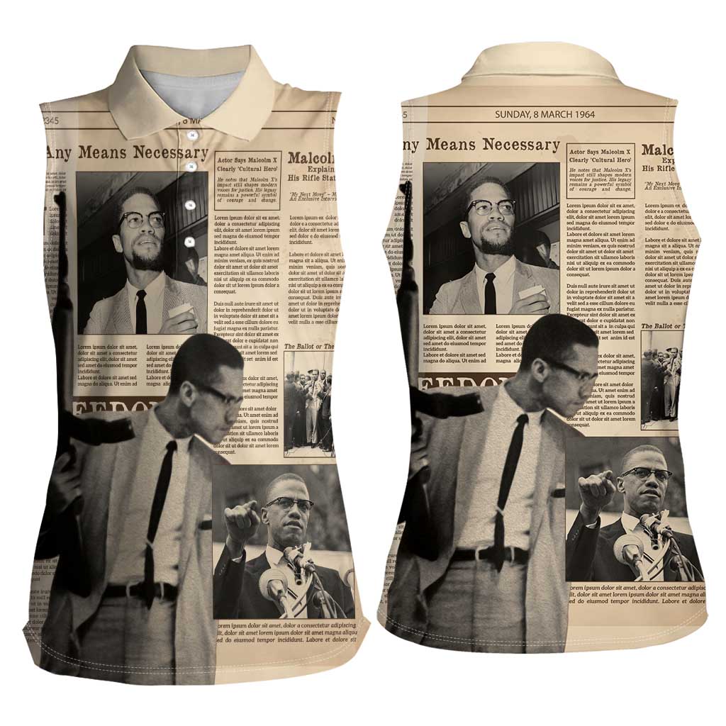 Malcolm X Women Sleeveless Polo Shirt Vintage Newspaper Print Style - Wonder Print Shop