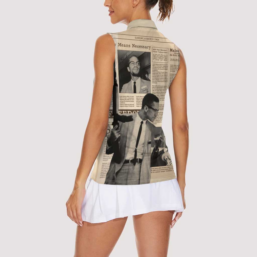 Malcolm X Women Sleeveless Polo Shirt Vintage Newspaper Print Style - Wonder Print Shop