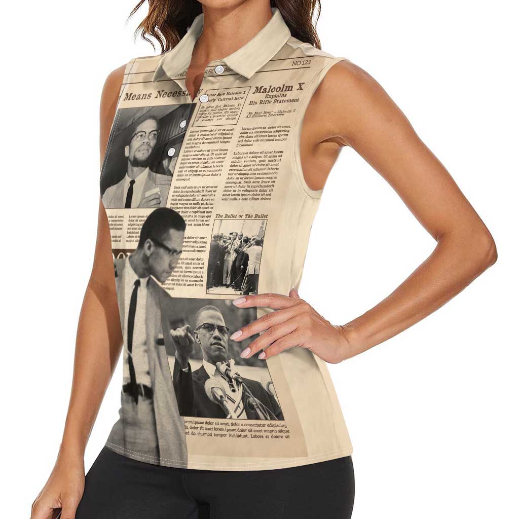 Malcolm X Women Sleeveless Polo Shirt Vintage Newspaper Print Style - Wonder Print Shop