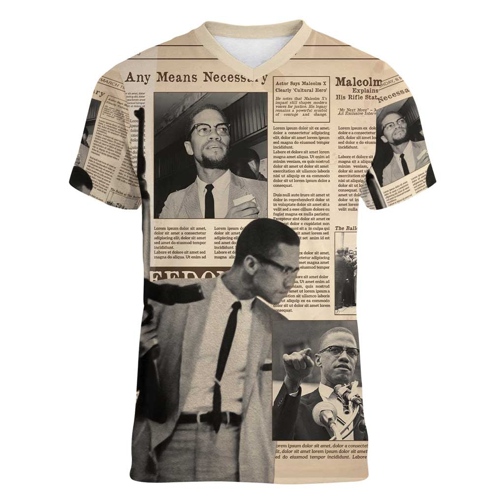Malcolm X Women V-Neck T-Shirt Vintage Newspaper Print Style - Wonder Print Shop