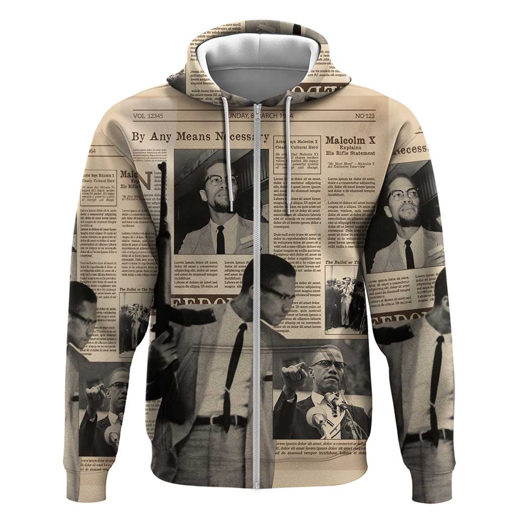 Malcolm X Zip Hoodie Vintage Newspaper Print Style - Wonder Print Shop