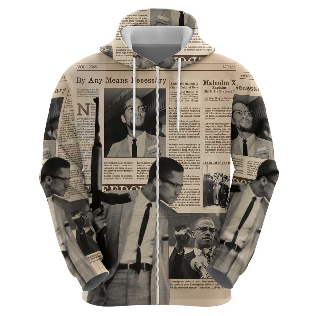 Malcolm X Zip Hoodie Vintage Newspaper Print Style - Wonder Print Shop